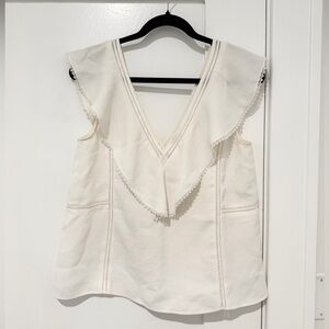 Sézane Cream Ruffle Lace Trim Blouse V-Neck Top EU 36 (US 4–6)
